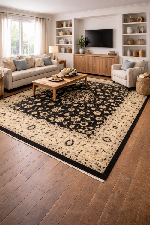 9'0 x 11'10 Hand Knotted Peshawar Black Floral Wool Rug