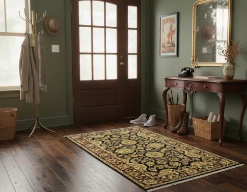 2'11 x 5'0 Hand Knotted Agra Jaipur Black Floral Wool Rug