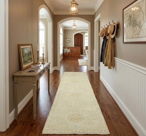 Cream Floral Oushak 3X11'5 Turkish Oriental Runner Rug