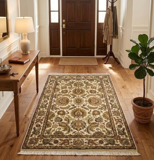 4'1 x 6'0 Cream & Brown Hand Knotted Agra Jaipur Wool Rug