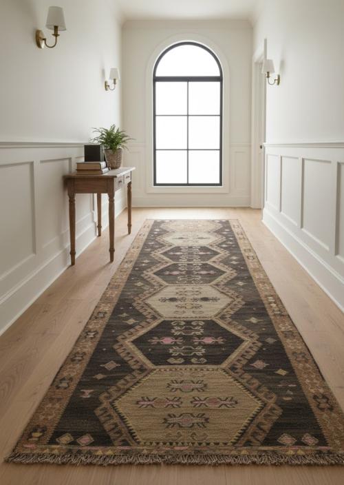 Dark Brown Vintage Tribal 4'8 x 12'4 Kelim Runner Rug