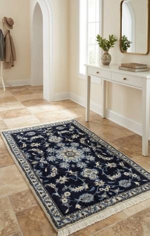 2'10 X 4'6 Nain Hand Knotted Navy Blue Floral Persian Wool Rug