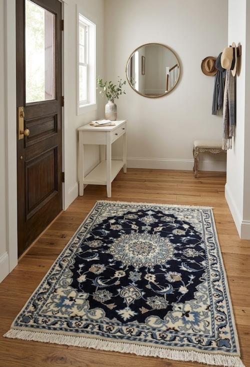 2'11 X 4'5 Navy Blue Hand Knotted Nain Persian Wool Rug