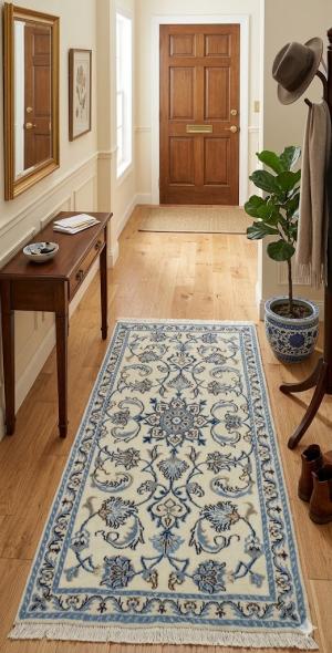 2'4 X 4'7 Hand Knotted Floral Cream & Blue Wool Persian Rug