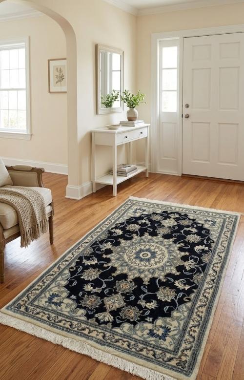 2'10 X 4'6 Navy Hand Knotted Floral Nain Persian Wool Rug
