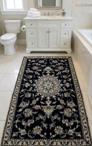 2'9 X 4'7 Hand Knotted Nain Navy Blue Floral Persian Wool Rug