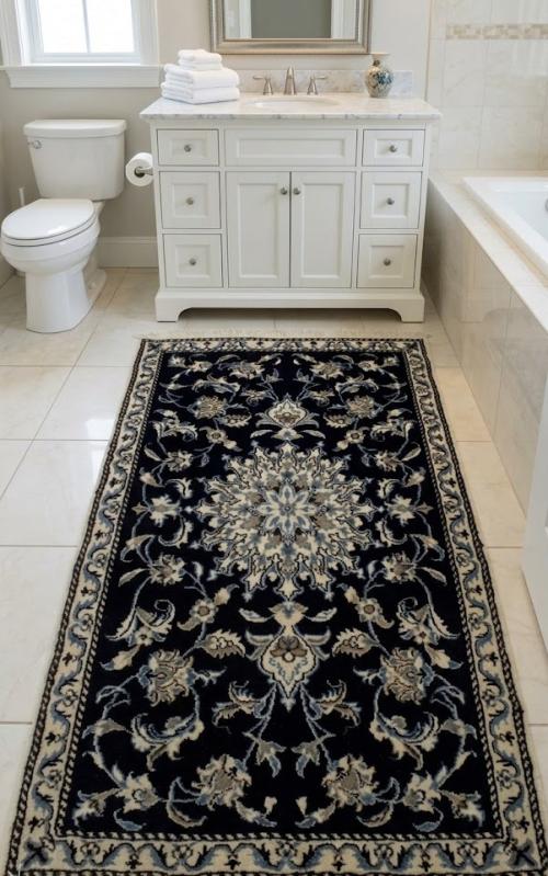 2'9 X 4'7 Hand Knotted Nain Navy Blue Floral Persian Wool Rug