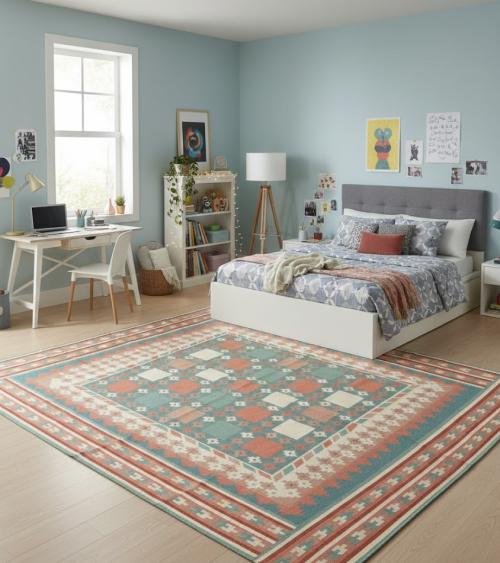 Multicolored Geometric Dhurrie 7'5X9'4 Indian Oriental Rug