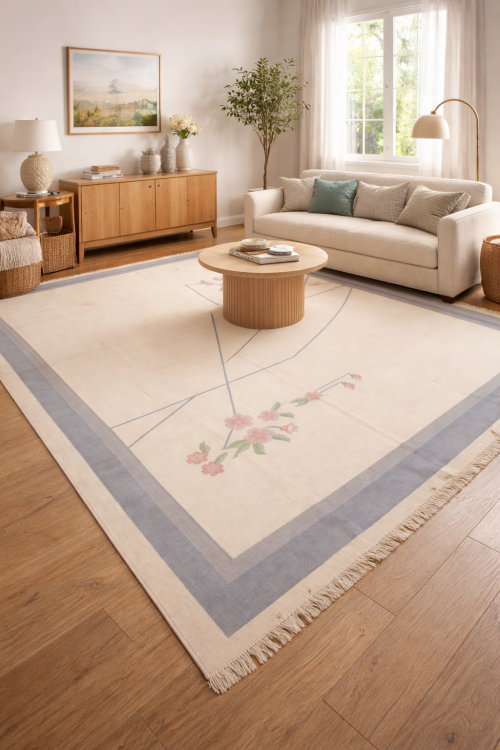 Cream Floral Dhurrie 9X12 Indian Oriental Rug