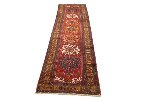 Vintage Red Geometric 4X14 Karajeh Persian Runner Rug