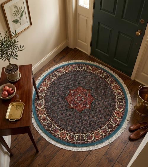 Teal Blue Floral 4X4 Bidjar Halvaei Persian Round Rug