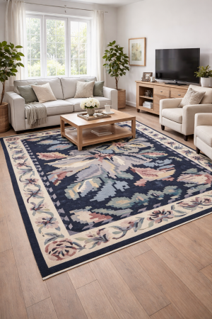 7'9 X 9'9 Hand Hooked Navy Floral Dhurrie Chinese Wool Rug