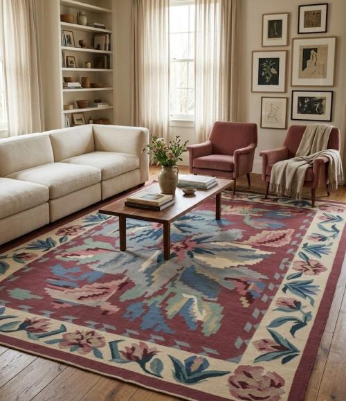 7'9 X 9'9 Hand Hooked Floral Dhurrie Chinese Wool Rug