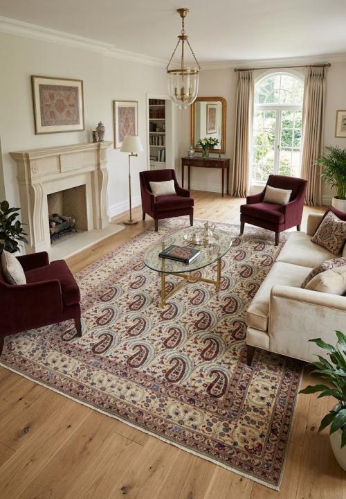 Semi Antique Cream Floral 7' x 11' Kashan Boteh Persian Rug