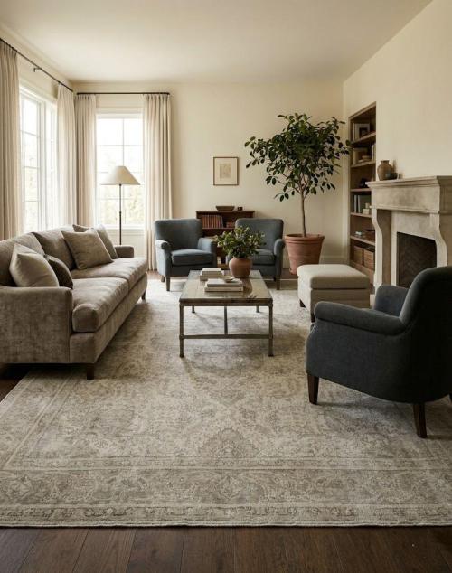 Antique Muted Beige Floral 9'6X12'5 Distressed Vintage Oriental Rug