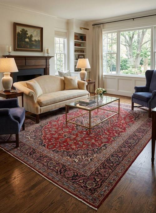 Vintage Red Traditional 10' x 13' Kashan Persian Rug
