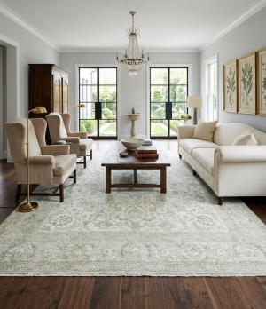 Antique Muted Cream Floral 9'3X9'8 Distressed Vintage Oriental Rug