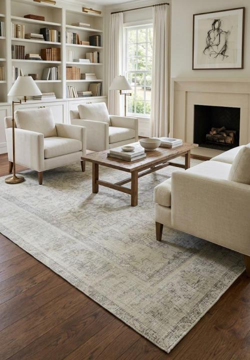 Antique Muted Beige Floral 6'6X9'7 Distressed Vintage Oriental Rug