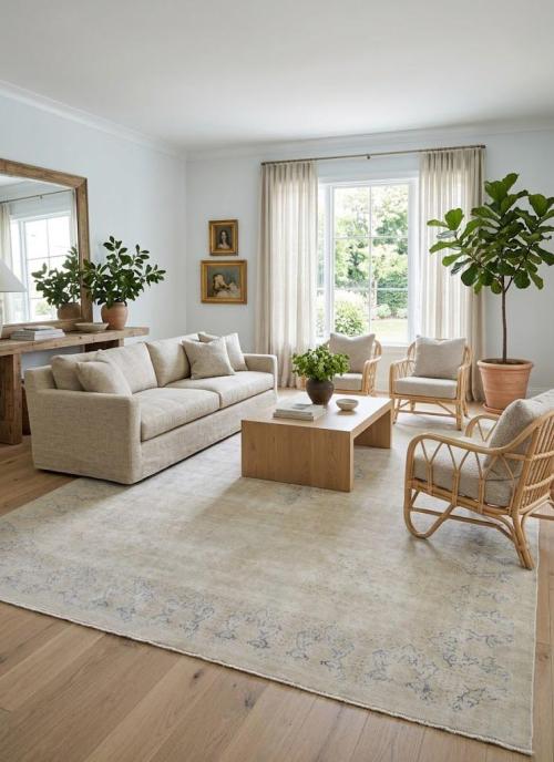 Antique Muted Beige Floral 9'5X13 Distressed Vintage Oriental Rug