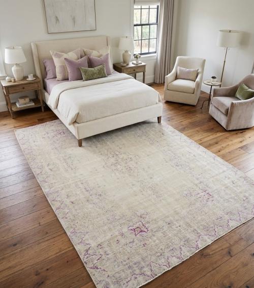 Antique Muted Cream Beige Floral 6X9 Distressed Vintage  Oriental Rug