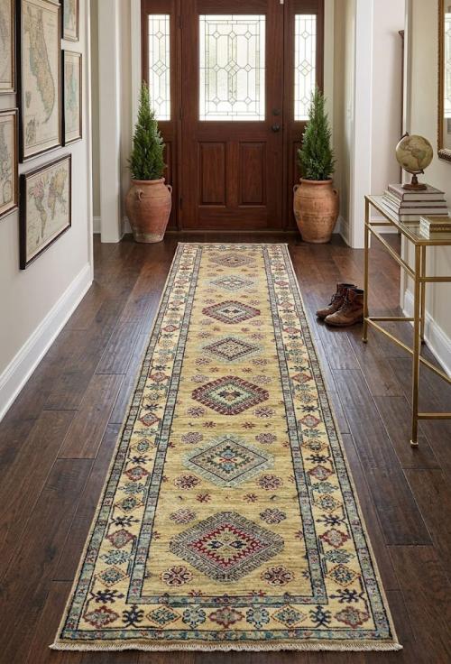 Beige Tribal Geometric 2'7X9'6 Kazak Pakistan Oriental Runner Rug