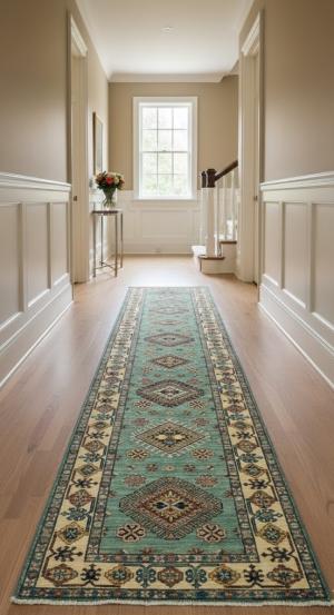 Aqua Tribal Geometric 2'7X9'4 Kazak Pakistan Oriental Runner Rug