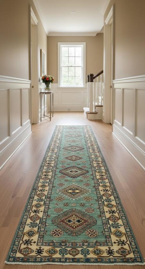 Aqua Tribal Geometric 2'7X9'4 Kazak Pakistan Oriental Runner Rug