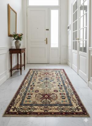4'0 X 6'1 Hand Knotted Beige Kazak Geometric Wool Rug
