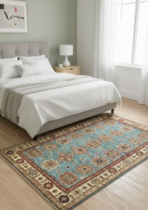 Blue Tribal Geometric 5X7 Kazak Pakistan Oriental Rug