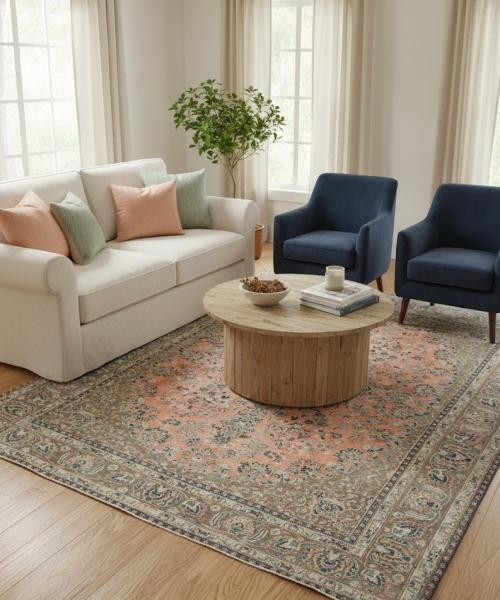 Antique Muted Rust Salmon Floral 9'5X12'3 Distressed Vintage Oriental Rug