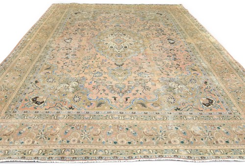 Semi Antique Muted Beige Floral 10X12 Distressed Vintage Oriental Rug