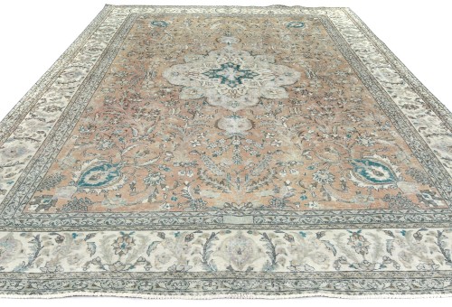 Antique Muted Peach Floral 9'7X12'9 Distressed Vintage Oriental Rug