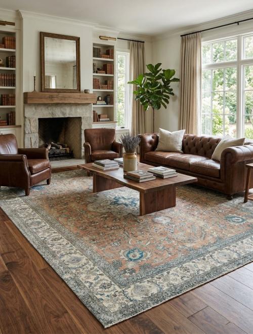 Antique Muted Peach Floral 9'7X12'9 Distressed Vintage Oriental Rug