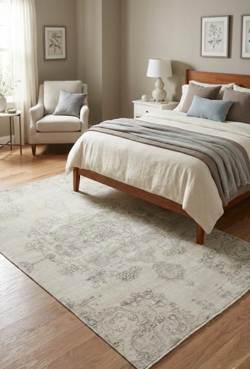 Antique Muted Beige Floral 4'6X7'3 Distressed Vintage Oriental Rug