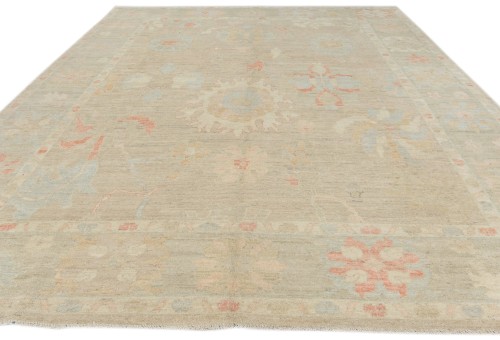 Pastel Brown Floral Oushak Peshawar 10X13 Pakistan Oriental Rug