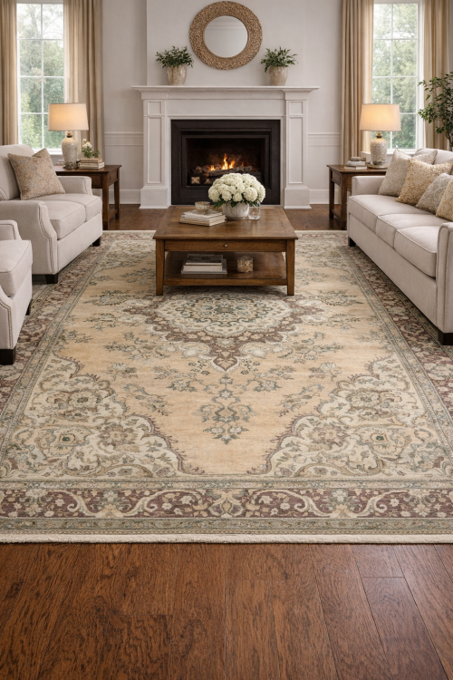 Muted Light Peach Semi Antique Floral 9'9X12'5 Distressed Vintage Oriental Rug