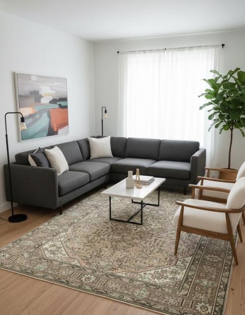 Semi Antique Muted Beige Floral 8X11 Distressed Vintage Oriental Rug