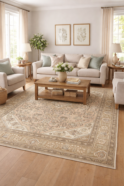 Semi Antique Muted Beige Floral 6'5X9'4 Distressed Vintage Oriental Rug