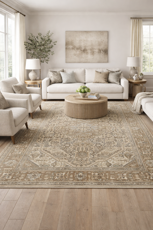 Semi Antique Muted Beige Floral 6'5X9'6 Distressed Vintage Oriental Rug