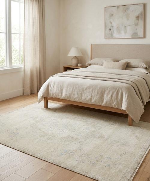 6'0 X 8'11 Hand Knotted Muted Beige Floral Distressed Wool Rug