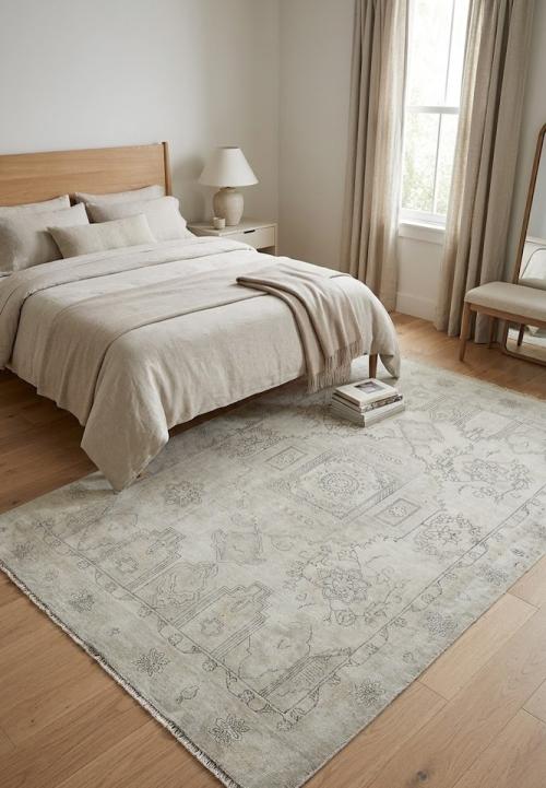 6'0 X 9'2 Muted Beige Hand Knotted Distressed Wool Rug