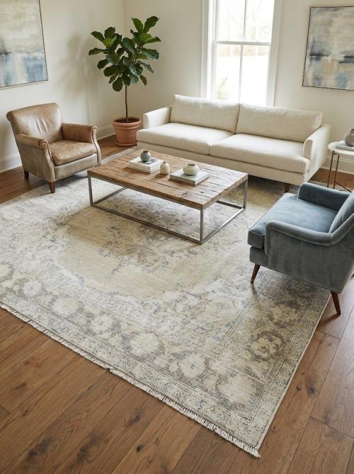 Muted Beige Antique Floral Traditional 7X9 Distressed Vintage Oriental Rug