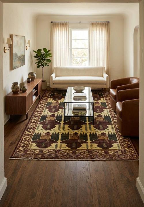 Vintage Beige Tribal 9' x 13' Turkoman Persian Rug
