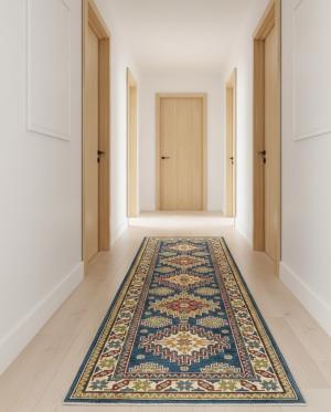 Blue Tribal Geometric 3X8 Kazak Pakistan Oriental Runner Rug