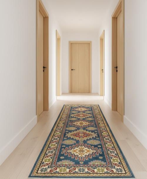 Blue Tribal Geometric 2'8X8'4 Kazak Pakistan Oriental Runner Rug