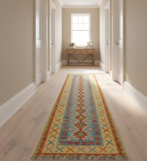 Multicolored Geometric Reversible 2'8X13'5 Kilim Oriental Runner  Rug