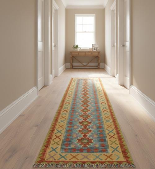 Multicolored Geometric Reversible 2'8X13'5 Kilim Oriental Runner  Rug