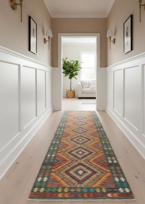 Multicolored Geometric Reversible 3X13 Kilim Oriental Runner