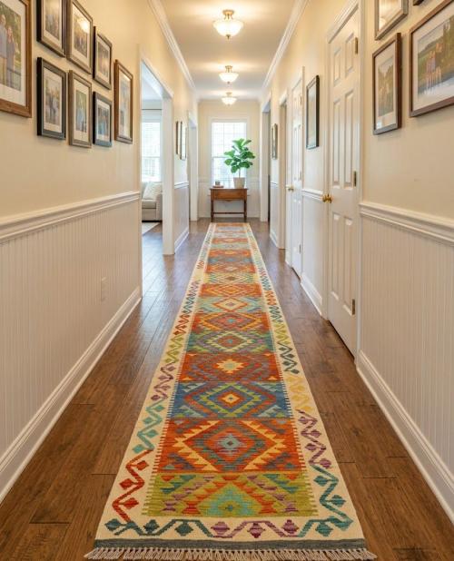 Multicolored Geometric Reversible 3X16 Kilim Oriental Runner Rug
