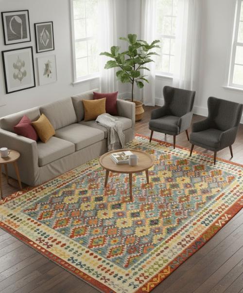 9'10 X 12'10 Multicolored Geometric Hand Woven Kilim Wool Rug
